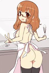 Rule 34 | 10s, 1girl, apron, ass, bad id, bad pixiv id, blush, breasts, brown eyes, brown hair, from behind, girls und panzer, glasses, long hair, looking at viewer, looking back, naked apron, nekoume, open mouth, sideboob, smile, solo, takebe saori, v, whisk