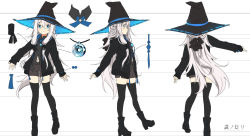 Rule 34 | 1girl, belt, black bow, black footwear, black headwear, black jacket, black shirt, black shorts, black thighhighs, boots, bow, casual, character sheet, collared shirt, hair bow, hat, highres, jacket, jewelry, long hair, long sleeves, mito w, multiple views, navel, necklace, open clothes, open jacket, profile, ribbon-trimmed headwear, ribbon trim, shiki no akari, shirt, shorts, silver hair, sleeves past wrists, thighhighs, tomoshibi no majo, two-sided fabric, two-sided headwear, very long hair, witch hat