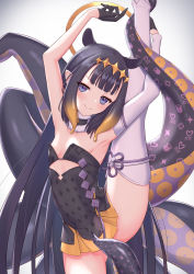 Rule 34 | 1girl, armpits, bare shoulders, black dress, black gloves, blue eyes, blunt bangs, blush, breasts, choker, cocoablue23, detached sleeves, dress, flexible, fur-trimmed choker, fur trim, gloves, halo, highres, hololive, hololive english, leg lift, leg up, long hair, looking at viewer, mole, mole under eye, ninomae ina&#039;nis, ninomae ina&#039;nis (1st costume), pointy ears, purple hair, smile, solo, split, standing, standing on one leg, standing split, tentacle hair, tentacles, thighhighs, thighs, virtual youtuber