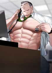Rule 34 | 1boy, abs, absol (dkqthf), bara, blurry, blurry background, collared shirt, desk, feet out of frame, highres, large pectorals, looking at viewer, male focus, manly, mature male, muscular, muscular male, necktie, nipple clamps, nipples, office, open clothes, open shirt, original, pectorals, phone, rope marks, shirt, short hair, smirk, solo, spiked hair, talking, talking on phone, teeth, tongue, undercut, veins, veiny hands, watch