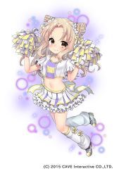 Rule 34 | 1girl, arms up, blush, bow, breasts, brown eyes, cheerleader, closed mouth, collarbone, crop top, frilled skirt, frills, full body, gothic wa mahou otome, hair intakes, hair ornament, hair ribbon, hair scrunchie, holding, leg warmers, light brown hair, long hair, looking at viewer, midriff, nachiru, navel, official art, pleated skirt, pom pom (cheerleading), purple footwear, ribbon, scrunchie, shirt, shoes, short sleeves, sidelocks, skirt, small breasts, smile, sneakers, solo, striped bow, striped ribbon, very long hair, white background, white bow, white legwear, white scrunchie, white shirt, white skirt, yellow bow, yellow ribbon