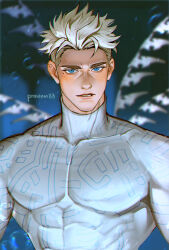 Rule 34 | 1boy, artist name, blonde hair, blue eyes, blurry, blurry background, bodysuit, commentary, covered collarbone, english commentary, highres, looking at viewer, male focus, millions knives, mistermagnolia, mole, mole under eye, parted lips, pectorals, short hair, solo, trigun, trigun stampede, twitter username, undercut, upper body, white bodysuit