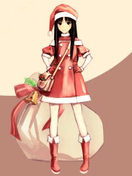 Rule 34 | 1girl, bag, bell, black eyes, black hair, blood alone, blush, boots, bow, brown background, buttons, dress, full body, gloves, hands on own hips, hat, highres, jingle bell, light brown background, light smile, long hair, looking at viewer, misaki minato, pom pom (clothes), red bow, red dress, red footwear, red gloves, santa boots, santa costume, santa dress, santa gloves, santa hat, short sleeves, shoulder bag, solo, standing, straight-on, takano masayuki, two-tone background