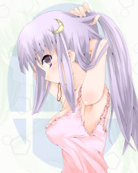 Rule 34 | 1girl, absurdres, adjusting hair, armpits, bad id, bad pixiv id, breasts, camisole, crescent, crescent hair ornament, artistic error, female focus, hair ornament, hair tie, highres, large breasts, long hair, mouth hold, pachecomcom, patchouli knowledge, purple eyes, purple hair, solo, touhou, upper body, zoom layer