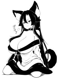 Rule 34 | 1girl, absurdres, animal ears, areola slip, blush, closed mouth, commentary request, covered erect nipples, dress, fang, full body, hair between eyes, hair flaps, high contrast, highres, himajin noizu, imaizumi kagerou, long hair, monochrome, off-shoulder dress, off shoulder, sidelocks, simple background, sitting, solo, tail, touhou, wolf ears, wolf girl, wolf tail