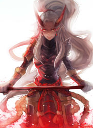 Rule 34 | 1girl, absurdres, alternate costume, armor, fang, fang out, fangs, full armor, gradient background, highres, horns, kalista, league of legends, long hair, looking at viewer, polearm, ponytail, red eyes, smile, solo, spear, weapon, white hair, yosuki (yo sukan)