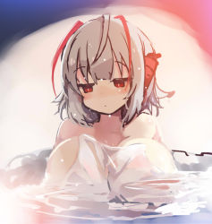 Rule 34 | 1girl, ahoge, arknights, blush, breasts, covering privates, demon horns, embarrassed, grey hair, horns, large breasts, nude cover, onsen, partially submerged, red eyes, short hair, solo, sukima (crie), towel, upper body, w (arknights), water