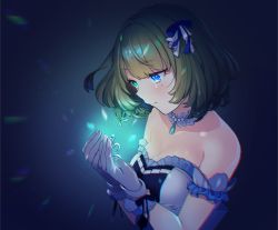 Rule 34 | 1girl, bare shoulders, bbbannooo, blue eyes, blush, breasts, cleavage, closed mouth, gloves, glowing, green eyes, green hair, heterochromia, idolmaster, idolmaster cinderella girls, large breasts, looking away, mole, mole under eye, short hair, smile, solo, starry sky bright, takagaki kaede, upper body, white gloves