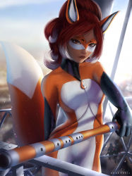 Rule 34 | 1girl, alartriss, alya cesaire, animal costume, animal ears, bodysuit, breasts, brown eyes, brown lips, curly hair, dark-skinned female, dark skin, domino mask, eiffel tower, flute, fox costume, fox ears, fox girl, fox tail, frown, highres, instrument, jewelry, mask, medibang paint (medium), miraculous ladybug, multicolored hair, necklace, orange bodysuit, ponytail, railing, realistic, red hair, rena rouge, serious, solo, superhero costume, tail, tight clothes, white bodysuit, white hair