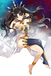 Rule 34 | 1girl, anklet, arm up, armlet, asymmetrical legwear, asymmetrical sleeves, bad id, bad pixiv id, bare arms, bare legs, bare shoulders, barefoot, black detached sleeves, black hair, black ribbon, black thighhighs, blush, breasts, cleavage, closed mouth, clothing cutout, crossed legs, crown, detached sleeves, earrings, fate/grand order, fate (series), feet, female focus, floating, floating hair, full body, fumako, gem, hair ribbon, hand up, head tilt, highres, hoop earrings, ishtar (fate), jewelry, legs, levitation, long hair, looking at viewer, medium breasts, midriff, navel, navel cutout, neck, neck ring, parted bangs, red eyes, revealing clothes, ribbon, single detached sleeve, single sleeve, single thighhigh, smile, solo, strapless, thighhighs, thighlet, toeless legwear, toes, tohsaka rin, two side up, type-moon, uneven legwear, uneven sleeves, waist cape