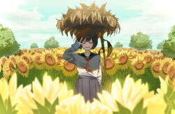 Rule 34 | 1girl, absurdres, arm at side, black sailor collar, blue sky, blurry, blurry foreground, blush, bob cut, brown hair, cloud, cloudy sky, commentary, day, field, flower, flower field, furrowed brow, grey skirt, grin, hand on own face, hand up, highres, long sleeves, looking at viewer, narrowed eyes, neckerchief, original, outdoors, pleated skirt, red eyes, red neckerchief, sailor collar, scenery, school uniform, self-portrait, serafuku, shade, shirt, short hair, skirt, sky, sleeves past wrists, smile, solo, straight-on, sunflower, sunflower field, tree, v, white shirt, wilted flower, yaijima