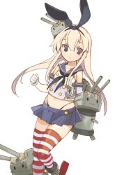 Rule 34 | 10s, 1girl, blonde hair, elbow gloves, gloves, hair ribbon, kantai collection, long hair, miniskirt, navel, orion (orionproject), pleated skirt, rensouhou-chan, ribbon, sailor collar, shimakaze (kancolle), simple background, skirt, solo, striped clothes, striped thighhighs, thighhighs, thong, white background, white gloves