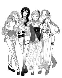 Rule 34 | 4girls, :d, ^ ^, boots, breasts, cleavage, cleavage cutout, closed eyes, closed mouth, clothing cutout, crop top, dress, facing viewer, forehead, greyscale, hand up, high heel boots, high heels, long hair, long sleeves, maru (memoriatechnica), medium breasts, midriff, monochrome, multiple girls, navel, open mouth, original, pants, parted bangs, ponytail, puffy long sleeves, puffy sleeves, see-through, shoes, simple background, skirt, sleeves past fingers, sleeves past wrists, smile, steepled fingers, thighhighs, very long hair, white background