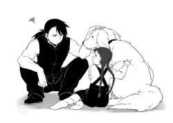 Rule 34 | 1boy, 1girl, alexander (fma), animal, bare arms, bare shoulders, braid, child, clinging, dog, frown, full body, fullmetal alchemist, hand up, ling yao, long hair, long sleeves, looking at another, low ponytail, monochrome, nina tucker, no shoes, outstretched arms, pants, petting, po (poppa-pict), ponytail, shoes, sitting, skirt, sleeveless, socks, soles, squatting, squiggle, suspender skirt, suspenders, toggles, toned, toned male, twin braids, twintails, yokozuwari