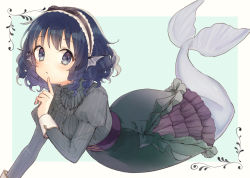 Rule 34 | 1girl, alternate costume, blue background, blue eyes, blue hair, dress, fins, frilled hairband, frills, full body, green dress, hairband, hand up, head fins, honotai, index finger raised, juliet sleeves, lolita hairband, long sleeves, looking at viewer, mermaid, monster girl, polka dot, polka dot background, puffy sleeves, ringlets, solo, touhou, wakasagihime