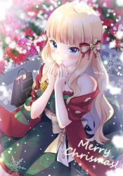 Rule 34 | 1girl, bag, bare shoulders, black dress, blonde hair, blue eyes, blunt bangs, blurry, blurry background, blush, bow, breasts, christmas, closed mouth, commentary request, depth of field, dress, floral print, flower, hair bow, hands up, highres, kuune rin, long hair, looking at viewer, medium breasts, merry christmas, pink flower, princess connect!, print dress, red flower, rose, rose print, saren (christmas) (princess connect!), saren (princess connect!), shawl, smile, snowflakes, solo, striped, striped bow, very long hair, yellow flower, yellow rose