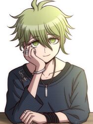 Rule 34 | 1boy, amami rantaro, antenna hair, bracelet, closed mouth, collarbone, danganronpa (series), danganronpa v3: killing harmony, ear piercing, green eyes, green hair, hand up, jewelry, necklace, piercing, ring, shirt, short hair, simple background, sitting, smile, solo, striped clothes, striped shirt, suiren yurei, upper body, white background