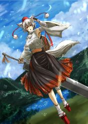 Rule 34 | 1girl, animal ears, armpits, bandages, blush, breasts, detached sleeves, full body, futagojima, geta, hat, holding, holding sword, holding weapon, huge weapon, inubashiri momiji, long sleeves, looking at viewer, mountain, nature, open mouth, pom pom (clothes), red eyes, shield, short hair, silver hair, skirt, solo, sword, tail, tengu-geta, tokin hat, touhou, water, weapon, wide sleeves, wolf ears, wolf tail