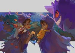 Rule 34 | 2boys, ash ketchum, brown hair, candy, closed eyes, commentary, cosplay, creatures (company), eyelashes, fence, food, game freak, gen 1 pokemon, gen 2 pokemon, gen 4 pokemon, gen 8 pokemon, gengar, goh (pokemon), grass, halloween, hand up, hat, highres, holding, hood, hood up, lollipop, male focus, misdreavus, mismagius, mismagius (cosplay), multiple boys, nintendo, nma (nmarikun), open mouth, path, pikachu, pokemon, pokemon (anime), pokemon journeys, raboot, road, smile, symbol-only commentary, teeth, tongue, wide sleeves