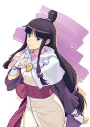 Rule 34 | 1girl, ace attorney, bead necklace, beads, black hair, bow, cowboy shot, green eyes, hair bun, japanese clothes, jewelry, kimono, long hair, looking at viewer, low-tied long hair, magatama, maya fey, necklace, phoenix wright: ace attorney - spirit of justice, purple bow, shino (pixiv), single hair bun, smile, solo