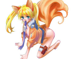 Rule 34 | 1girl, all fours, animal ears, ass, bad id, bad pixiv id, bandages, barefoot, belt, blonde hair, blue eyes, blue jacket, blush, bottomless, breasts, cleavage, collarbone, extra ears, facial mark, facing viewer, forehead protector, fox ears, fox girl, fox tail, full body, functionally nude, genderswap, genderswap (mtf), headband, holster, jacket, kawagoe pochi, konohagakure symbol, large breasts, long hair, looking at viewer, mouth hold, multicolored clothes, multicolored jacket, naked jacket, naruko (naruto), naruto, naruto (series), nipples, no bra, no panties, open clothes, open jacket, orange jacket, partially undressed, simple background, solo, tail, thigh holster, thigh strap, twintails, uzumaki naruto, whisker markings, whiskers, white background, white jacket