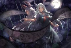 Rule 34 | 2girls, aqua dress, back-to-back, bamboo, bamboo forest, bow, breasts, congming lan, dress, ex-keine, forest, fujiwara no mokou, full moon, hair bow, highres, kamishirasawa keine, large breasts, long hair, looking at viewer, looking back, moon, multiple girls, nature, neckerchief, puffy short sleeves, puffy sleeves, red eyes, scroll, short sleeves, silver hair, sky, star (sky), starry sky, touhou, very long hair