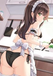 Rule 34 | 1girl, apron, ass, black bra, black panties, blush, bow, bra, breasts, brown hair, butt crack, closed mouth, commentary request, cooking, copyright request, cowboy shot, frilled apron, frills, green eyes, holding, holding ladle, indoors, keiran (ryo170), kitchen, ladle, long hair, looking at viewer, looking back, maid, maid headdress, medium breasts, panties, side-tie panties, solo, standing, thighhighs, underwear, waist apron, white apron, white bow, white thighhighs, wrist cuffs
