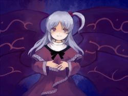 Rule 34 | 1girl, capelet, dress, female focus, hair bobbles, hair ornament, hko, long hair, mystic square, open mouth, red eyes, shinki (touhou), side ponytail, silver hair, smile, solo, touhou, touhou (pc-98), wings