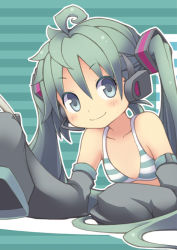 Rule 34 | 1girl, blush, bra, detached sleeves, flat chest, green eyes, green hair, hatsune miku, headphones, kuro (kuroneko no kanzume), lingerie, looking at viewer, lying, matching hair/eyes, on stomach, sleeves past wrists, smile, solo, striped bra, striped clothes, underwear, vocaloid