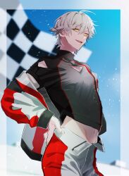 Rule 34 | 1boy, black shirt, blue sky, blurry, blurry background, caelus (honkai: star rail), clothing cutout, commentary request, day, fingernails, grey hair, grey shirt, hair between eyes, hand on own hip, highres, honkai: star rail, honkai (series), jacket, long sleeves, looking at viewer, male focus, multicolored clothes, multicolored jacket, navel, open clothes, open jacket, open mouth, outdoors, pants, puffy long sleeves, puffy sleeves, red jacket, red pants, setokazuki (seto0717), shirt, short hair, short sleeves, sky, smile, solo, teeth, tongue, trailblazer (honkai: star rail), triangle cutout, two-tone jacket, two-tone pants, two-tone shirt, white jacket, white pants, yellow eyes