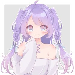 Rule 34 | 1girl, amiya aranha, blue bow, blue eyes, blush, border, bow, commentary, commission, english commentary, gradient eyes, grey background, hair bow, highres, indie virtual youtuber, long hair, looking at viewer, multicolored eyes, niyane, off-shoulder sweater, off shoulder, outside border, pink eyes, portrait, purple hair, second-party source, skeb commission, sleeves past wrists, smile, solo, sweater, virtual youtuber, white border, white sweater