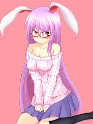Rule 34 | 1girl, animal ears, bespectacled, black thighhighs, blush, breasts, cleavage, collarbone, glasses, hyaa, light purple hair, long hair, looking at viewer, miniskirt, off-shoulder, off-shoulder shirt, off-shoulder sweater, off shoulder, orange background, pleated skirt, purple hair, rabbit ears, red eyes, reisen udongein inaba, ribbed sweater, semi-rimless eyewear, shirt, simple background, sitting, skirt, solo, sweater, thighhighs, touhou, very long hair