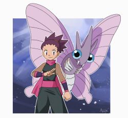 1girl aonik border cowboy_shot creatures_(company) game_freak gen_1_pokemon insect_wings janine_(pokemon) moth_wings nintendo outline outside_border pink_scarf pokemon pokemon_(creature) pokemon_gsc purple_eyes purple_hair scarf venomoth white_border white_outline wings