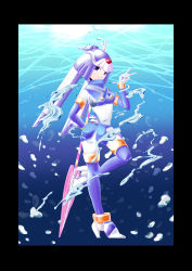Rule 34 | 1girl, absurdres, android, arm behind back, blue eyes, boots, border, breasts, capcom, framed, helmet, high heels, highres, holding, holding spear, holding weapon, leg up, fairy leviathan (mega man), light, medium breasts, polearm, mega man (series), mega man zero (series), smile, solo, solo focus, spear, thigh boots, thighhighs, underwater, water, weapon