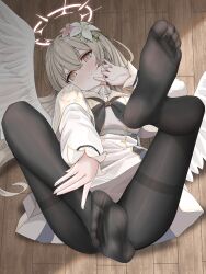 Rule 34 | 1girl, absurdres, angel wings, black pantyhose, blue archive, capelet, dress, feathered wings, feet, flower, foot focus, hair flower, hair ornament, halo, highres, legs up, light brown hair, lying, nagisa (blue archive), neckerchief, no shoes, on back, pantyhose, thighband pantyhose, toes, white capelet, white dress, white wings, wings, yellow halo, zhthktk