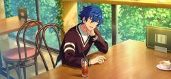 Rule 34 | 1boy, arm on table, blue hair, chair, cup, dark blue hair, drinking glass, drinking straw, elbow on table, ensemble stars!, hair between eyes, hand on own neck, hand up, happy elements, leaf, long sleeves, male focus, official art, open mouth, rouge&amp;ruby (ensemble stars!), sazanami jun, short hair, sitting, solo, table, third-party source, upper body, v-neck, watch, window, wristwatch, yellow eyes