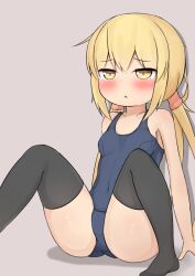 Rule 34 | 1girl, arm support, arms at sides, bare arms, bare shoulders, black thighhighs, blonde hair, blush, breasts, collarbone, covered navel, embarrassed, foot out of frame, furrowed brow, grey background, hair between eyes, kantai collection, knees up, leaning back, legs, legs apart, long hair, looking away, nepty (silkey vod), no shoes, on ground, open mouth, satsuki (kancolle), school swimsuit, shadow, sidelocks, simple background, sitting, small breasts, solo, swimsuit, tearing up, thighhighs, thighs, twintails, yellow eyes