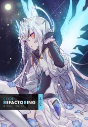 Rule 34 | 1girl, android, artist request, boots, code: sariel (elsword), elsword, energy wings, eve (elsword), facial mark, flower, flower request, grey hair, halo, long hair, long sleeves, looking at viewer, neon trim, night, official art, parted lips, sitting, solo, thigh boots, wings, yellow eyes