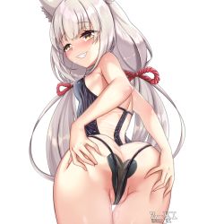 Rule 34 | 1girl, alternate costume, animal ears, ass, ass grab, bare shoulders, blunt bangs, blush, breasts, butt crack, come hither, deep skin, from behind, grin, hair ribbon, highres, long hair, looking at viewer, looking back, low twintails, meme attire, naughty face, nia (blade) (xenoblade), nia (xenoblade), orange eyes, ribbon, shiny clothes, shiny skin, sideboob, silver hair, small breasts, smile, solo, twintails, very long hair, white background, xenoblade chronicles (series), xenoblade chronicles 2, z-ki
