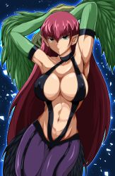 Rule 34 | 1girl, armpits, arms up, breasts, cleavage, covered erect nipples, cowboy shot, duel monster, feathered wings, feathers, green feathers, hair between eyes, harpie lady, harpie lady #1, harpie lady 1, harpy, highres, kairi (fotune), large breasts, long hair, looking at viewer, monster girl, navel, pointy ears, red hair, shadow, smile, solo, very long hair, winged arms, wings, yu-gi-oh!, yu-gi-oh! duel monsters