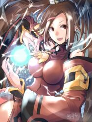Rule 34 | 1girl, breasts, brown eyes, brown hair, china dress, chinese clothes, detached sleeves, dress, guilty gear, guilty gear xrd, hair ornament, hair rings, hairclip, highres, impossible clothes, impossible dress, kuradoberi jam, large breasts, long hair, long sleeves, looking at viewer, mariebell, open mouth, red dress, wide sleeves