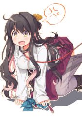 Rule 34 | 10s, 1girl, all fours, anger vein, black hair, blush, boots, bow, bowtie, unworn bowtie, clothes pull, collar, fang, grey pantyhose, hair ribbon, highres, kantai collection, leash, long hair, multicolored hair, naganami (kancolle), open mouth, pantyhose, pantyhose pull, pink hair, ribbon, school uniform, sketch, skirt, sleeves past wrists, solo, spoken anger vein, tears, thighband pantyhose, viewer holding leash, yellow eyes, yo yuma