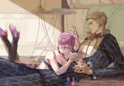 Rule 34 | 1boy, 1girl, alternate costume, applying manicure, bed, blonde hair, blue eyes, boots, formal, jewelry, jojo no kimyou na bouken, lying, magatama, magatama necklace, midriff, nail polish, necklace, nightstand, on floor, on stomach, painting nails, pink hair, prosciutto, short hair, skirt, suit, the pose, trish una, vento aureo, yepnean