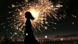 Rule 34 | 1girl, city lights, cloud, dark, feet out of frame, fireworks, floating hair, from side, highres, holding fireworks, long hair, mountainous horizon, night, night sky, original, outdoors, plant, profile, scenery, signature, silhouette, sky, skyrick9413, solo, sparkler