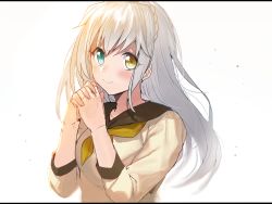 Rule 34 | bad id, bad twitter id, blush, braid, erubo, green eyes, own hands clasped, heterochromia, looking at viewer, original, own hands together, school uniform, silver hair, smile, white background, yellow eyes