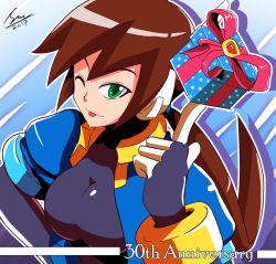 Rule 34 | 1girl, 2017, aile (mega man zx), alternate breast size, blue jacket, bodysuit, box, bracelet, breasts, brown hair, dated, gift, gift box, green eyes, jacket, jewelry, large breasts, long hair, mega man (series), mega man zx, mega man zx advent, ponytail, puffy short sleeves, puffy sleeves, ribbon, short sleeves, shoutaro saito, signature, smile, solo, tongue, tongue out