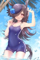 Rule 34 | 1girl, :d, absurdres, animal ears, arm up, armpits, black hair, blue flower, blue hat, blue rose, blurry, blurry background, blush, breasts, cleavage, cloud, collarbone, commentary request, contrapposto, covered navel, flower, hair over one eye, hand up, haruki (colorful macaron), hat, hat flower, highres, horse ears, horse girl, horse tail, long hair, looking at viewer, medium breasts, one eye covered, open mouth, red eyes, rice shower (umamusume), rose, school swimsuit, signature, skindentation, sky, small breasts, smile, solo, swimsuit, tail, tilted headwear, umamusume, wading, water