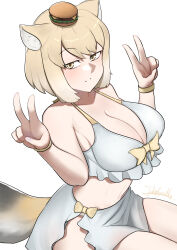 Rule 34 | 1girl, animal ears, blonde hair, bracelet, breasts, burger, cleavage, double v, food, food on head, fox ears, fox tail, frilled bikini top, highres, jewelry, john (a2556349), kemono friends, kemono friends 3, large breasts, looking at viewer, multicolored hair, object on head, sarong, short hair, solo, tail, tibetan fox (kemono friends), v, white hair, yellow eyes
