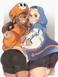 Rule 34 | 1boy, 1girl, arc system works, ass, ass focus, bike shorts, blonde hair, blue eyes, bridget (guilty gear), brown eyes, brown hair, fingerless gloves, from behind, gloves, grin, guilty gear, guilty gear strive, hat, hexprinxess, highres, hood, hoodie, huge ass, long hair, looking at viewer, looking back, may (guilty gear), multiple girls, one eye closed, pantylines, pirate, pirate hat, short hair with long locks, short shorts, shorts, skull and crossbones, smile, trap, v