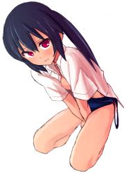 Rule 34 | 00s, 1girl, bad id, bad pixiv id, between legs, black hair, blush, breast slip, hand between legs, iku ki, k-on!, long hair, looking at viewer, nakano azusa, red eyes, simple background, solo, swimsuit, swimsuit under clothes, tan, twintails